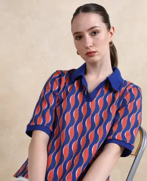 Rareism Women Sylvi Multi Cotton Fabric Short Sleeve Ribbed Collar Relaxed Fit Geometric Jacquard Top