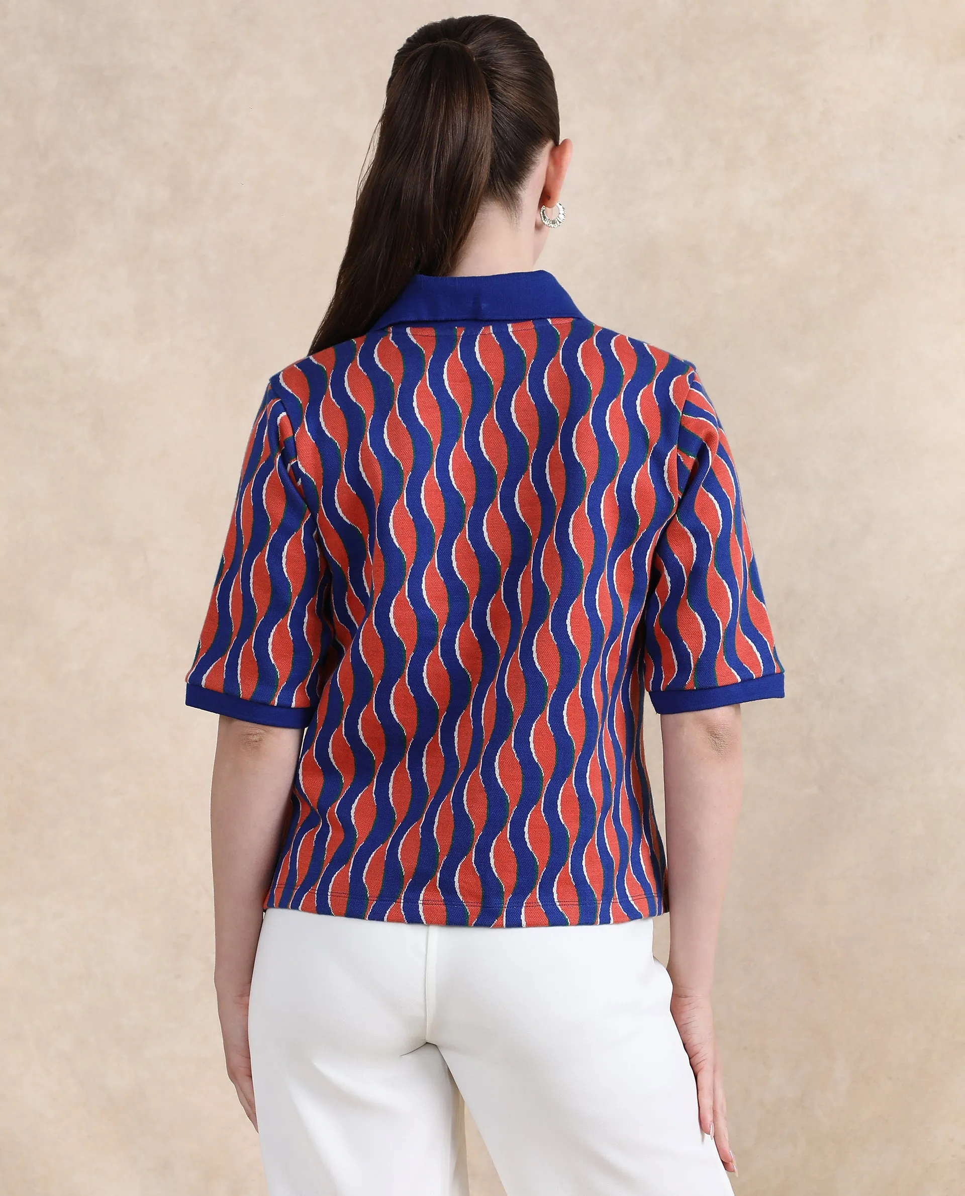 Rareism Women Sylvi Multi Cotton Fabric Short Sleeve Ribbed Collar Relaxed Fit Geometric Jacquard Top