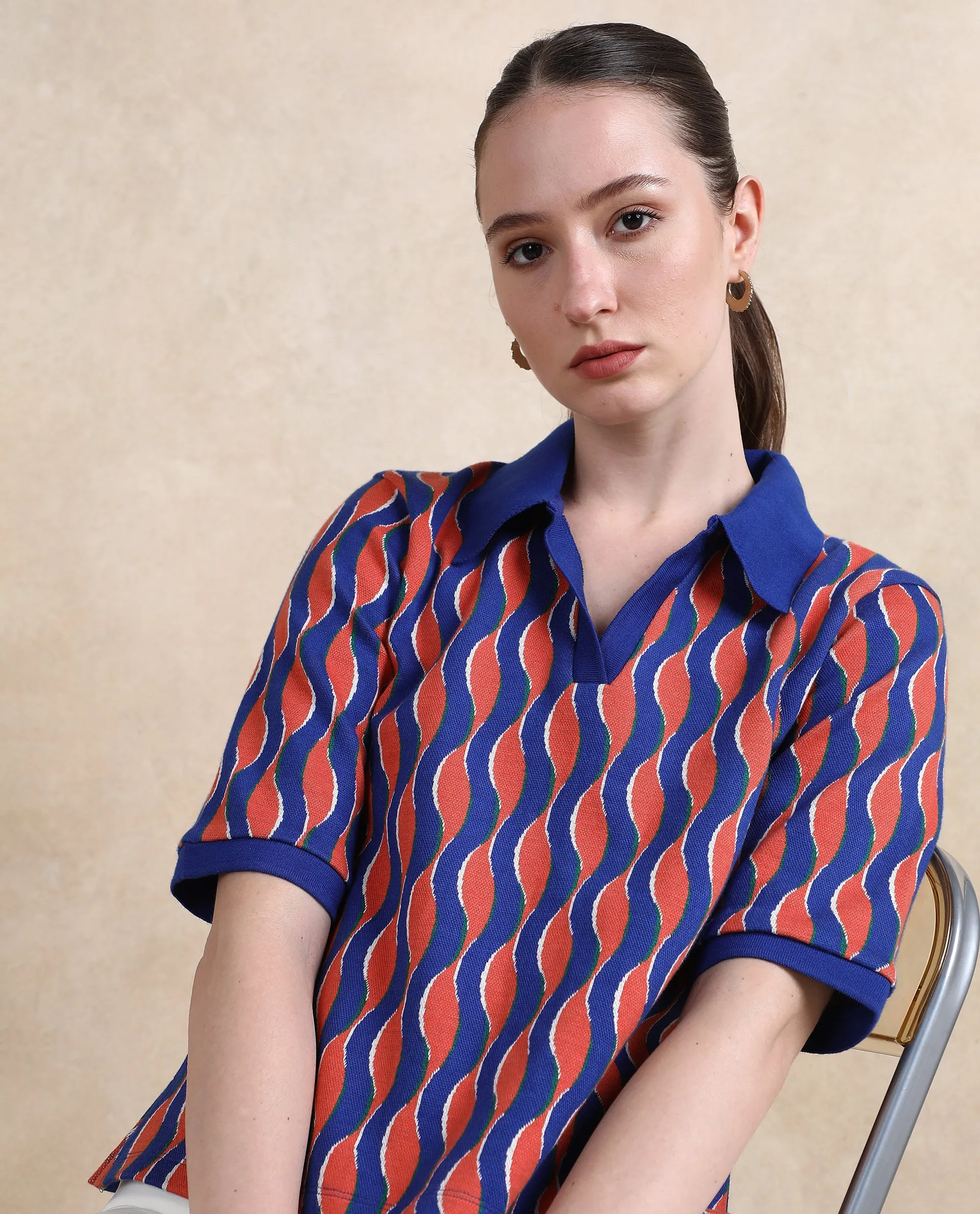 Rareism Women Sylvi Multi Cotton Fabric Short Sleeve Ribbed Collar Relaxed Fit Geometric Jacquard Top