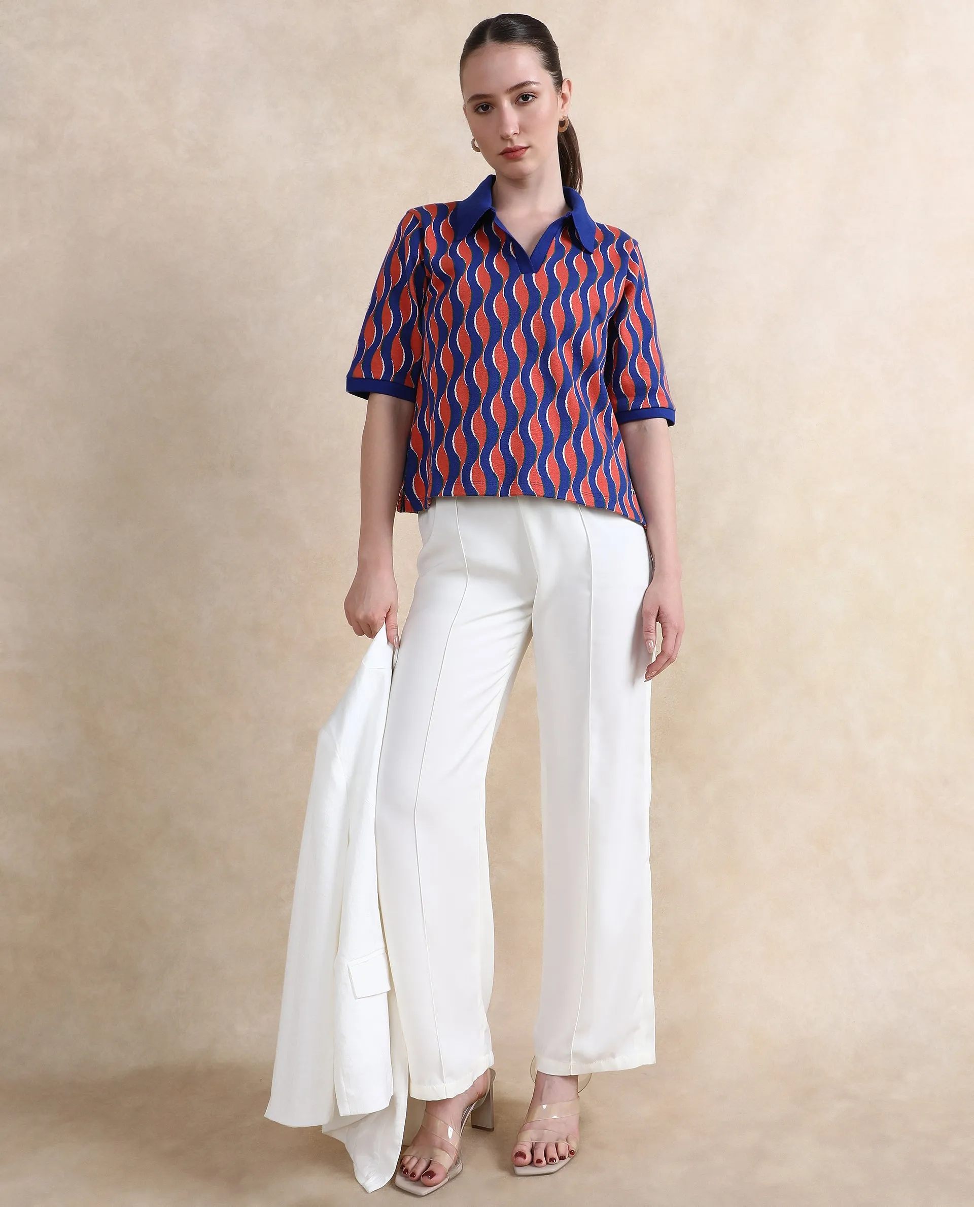 Rareism Women Sylvi Multi Cotton Fabric Short Sleeve Ribbed Collar Relaxed Fit Geometric Jacquard Top