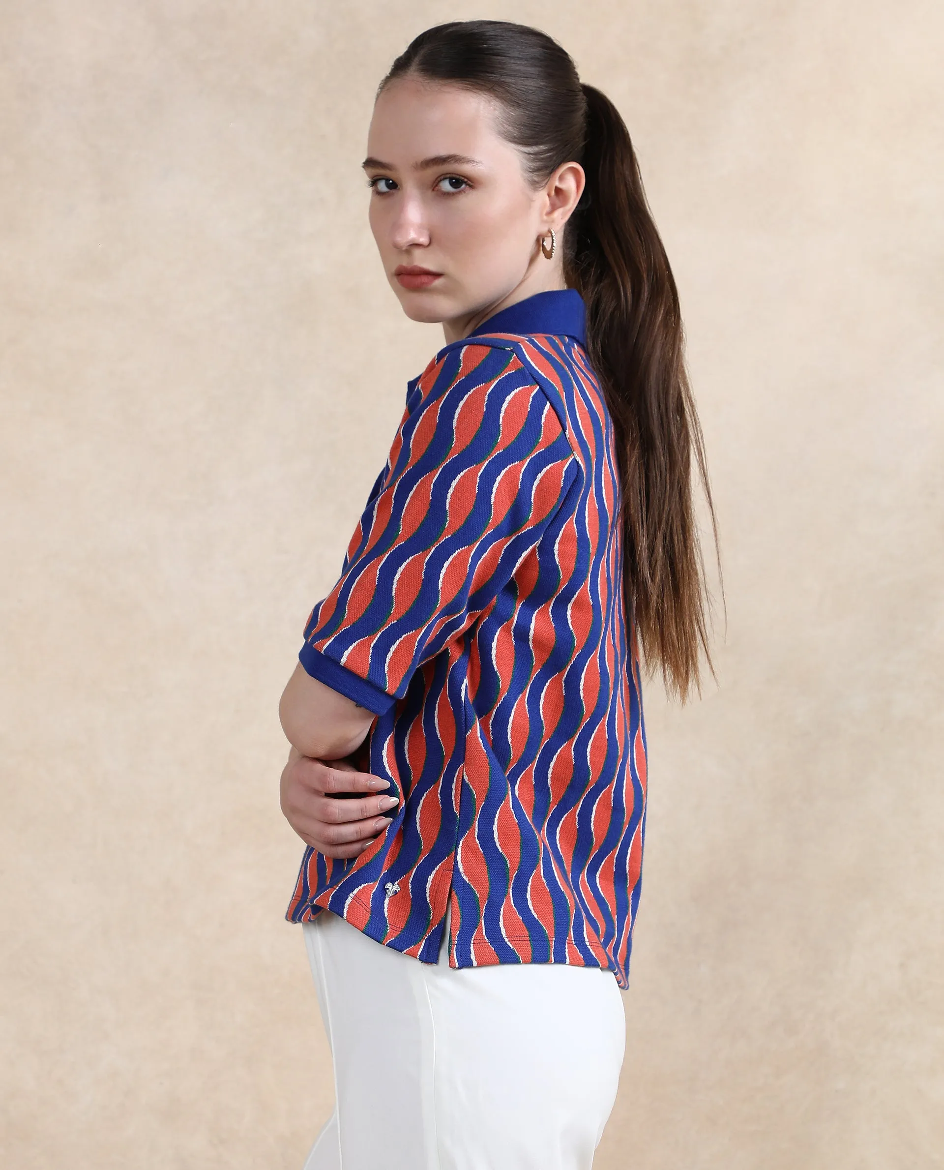 Rareism Women Sylvi Multi Cotton Fabric Short Sleeve Ribbed Collar Relaxed Fit Geometric Jacquard Top