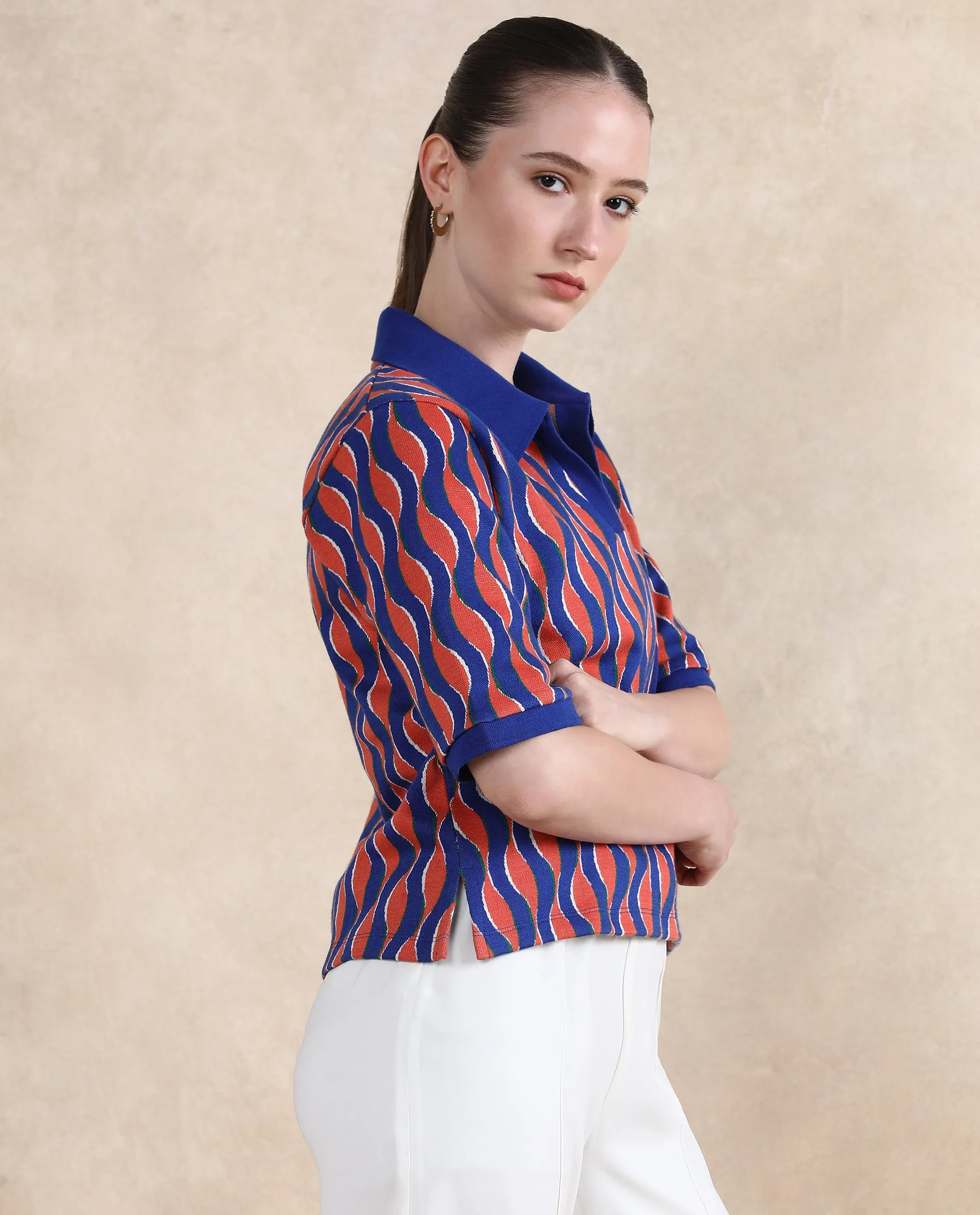 Rareism Women Sylvi Multi Cotton Fabric Short Sleeve Ribbed Collar Relaxed Fit Geometric Jacquard Top