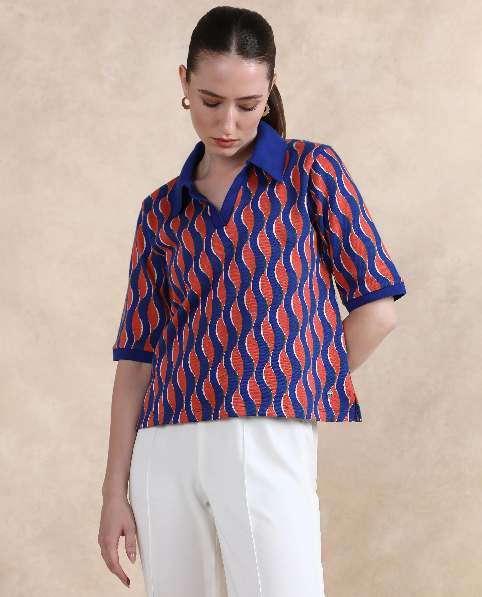 Rareism Women Sylvi Multi Cotton Fabric Short Sleeve Ribbed Collar Relaxed Fit Geometric Jacquard Top