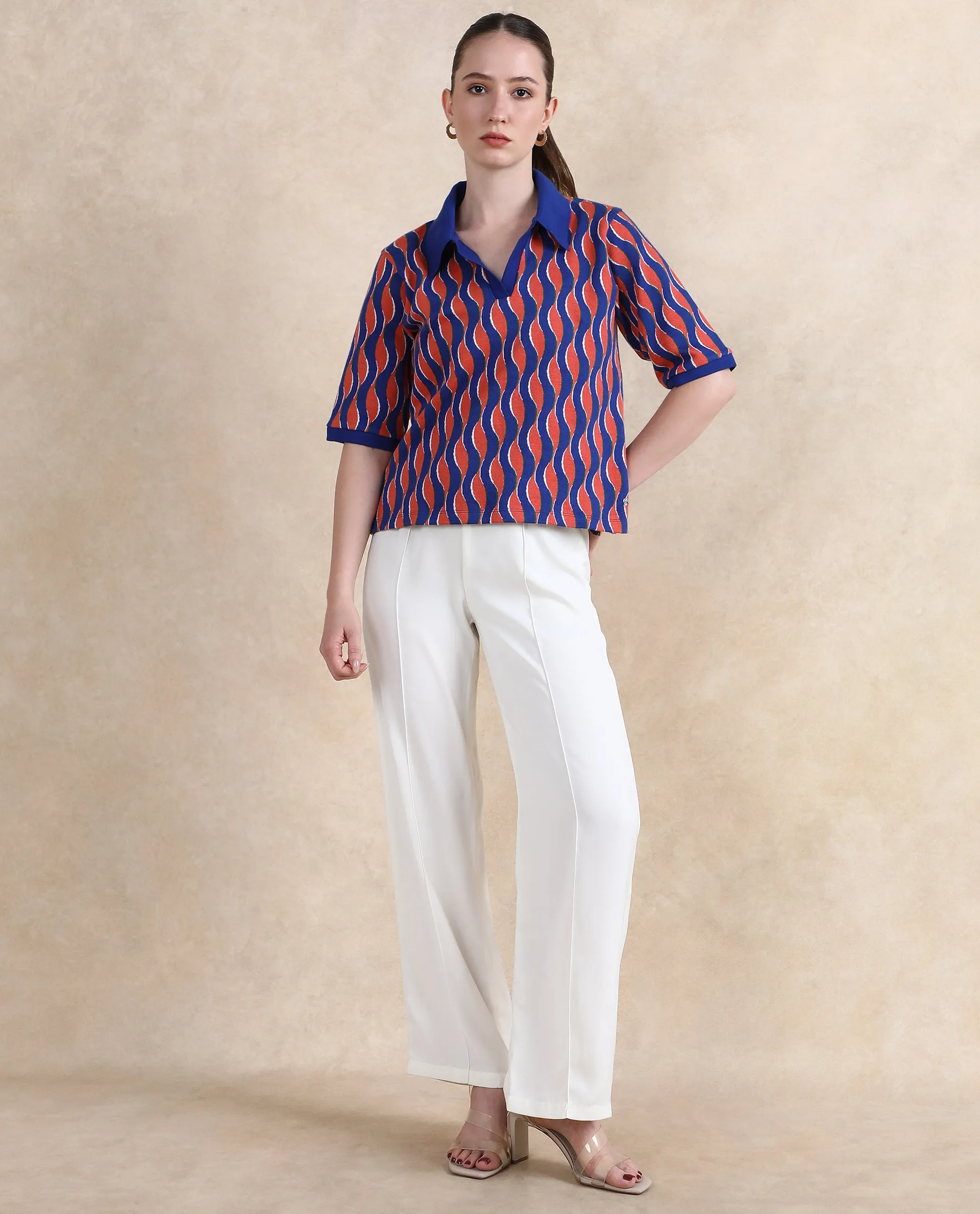 Rareism Women Sylvi Multi Cotton Fabric Short Sleeve Ribbed Collar Relaxed Fit Geometric Jacquard Top