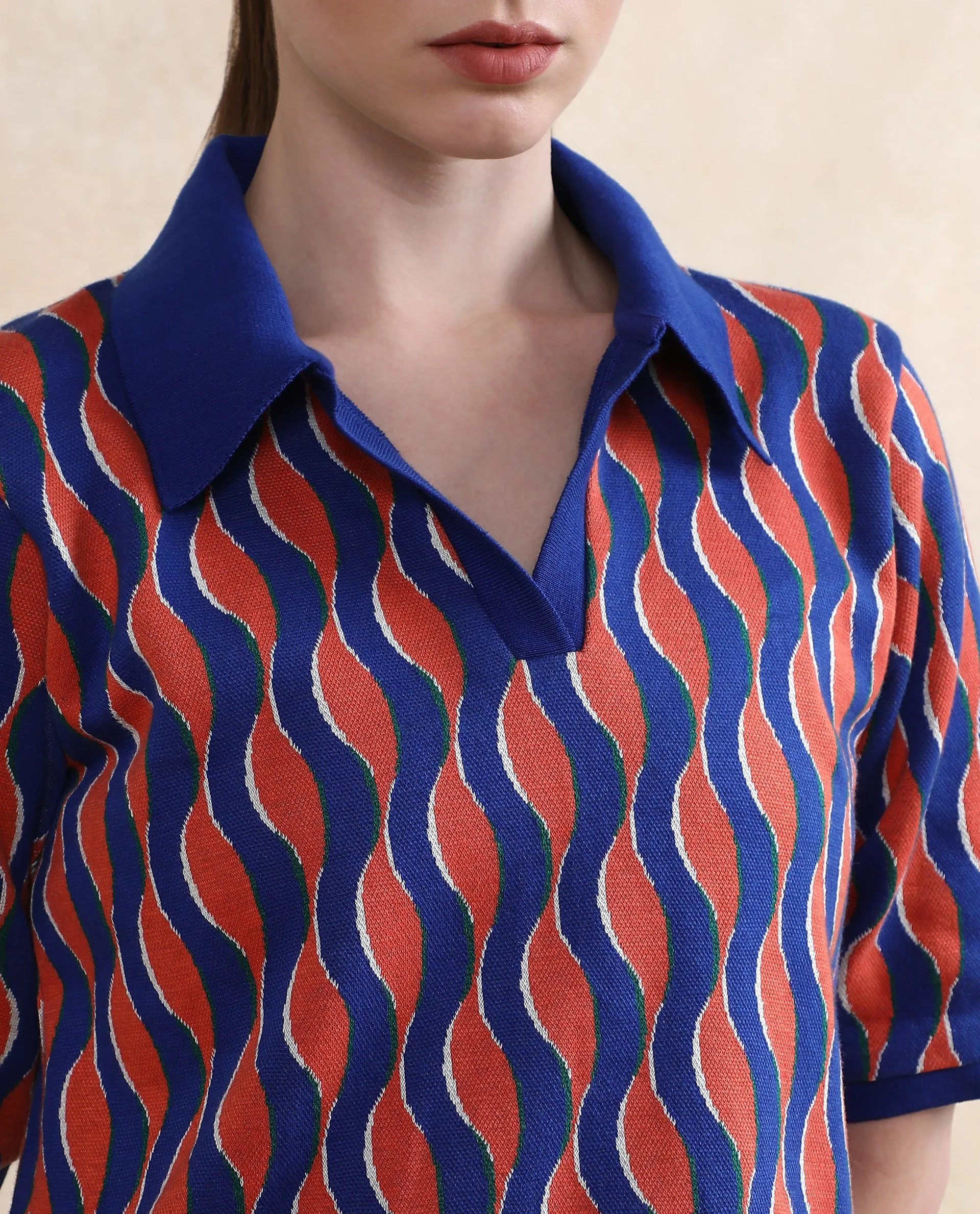 Rareism Women Sylvi Multi Cotton Fabric Short Sleeve Ribbed Collar Relaxed Fit Geometric Jacquard Top