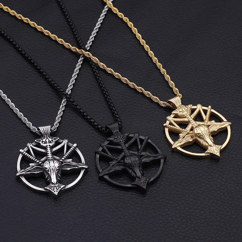 Retro Literary Skull Sheep Head Pendant with Pan Shen Round Titanium Steel Detail