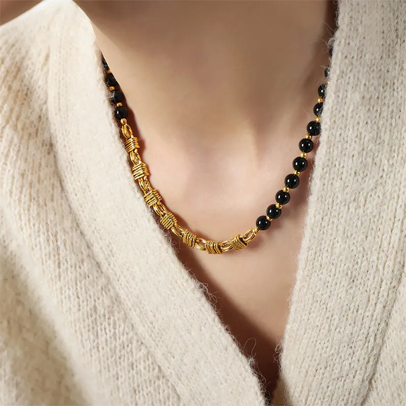 Retro Luxe Titanium Joker Necklace with Black Agate Accent