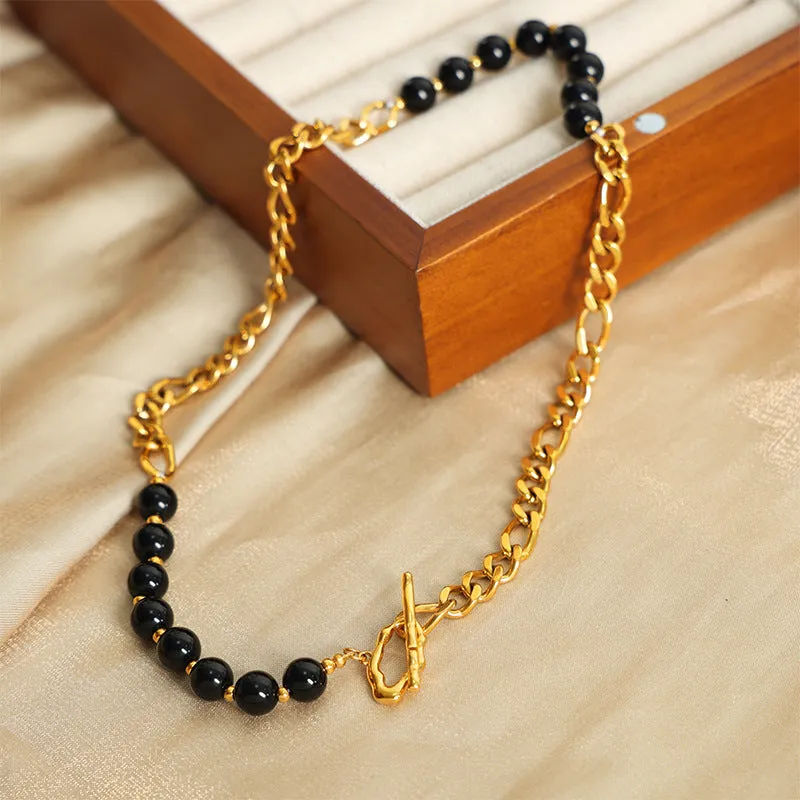 Retro Luxe Titanium Joker Necklace with Black Agate Accent