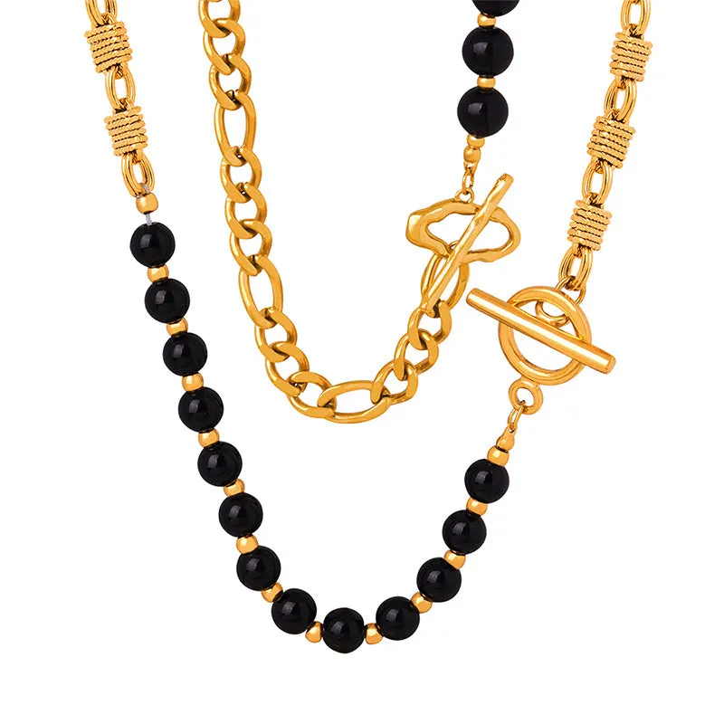 Retro Luxe Titanium Joker Necklace with Black Agate Accent