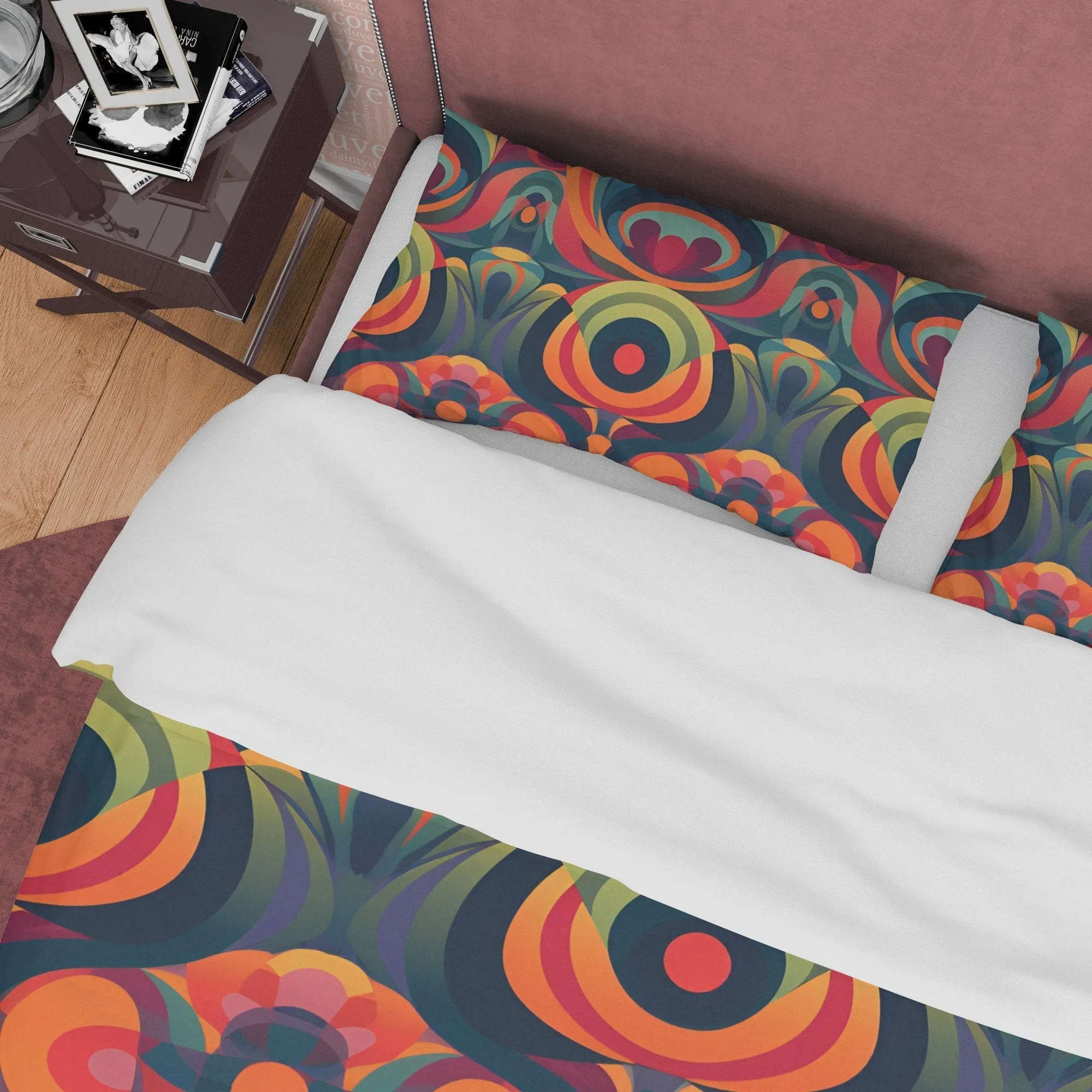 Retro Orange Geometric Duvet Cover, Vintage  70's Pattern Quilt Cover, Burning Pattern Bedspread, Unique Flame Bed Cover, Zipper Bedding