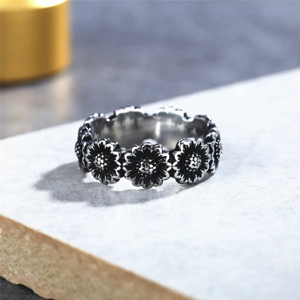 Retro Sunflower Titanium Steel Ring for European and American Personalized Style