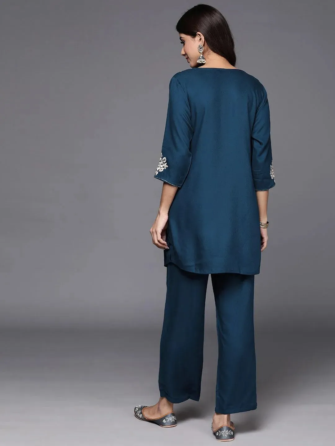 Teal Self Design Wool Blend Co-Ords
