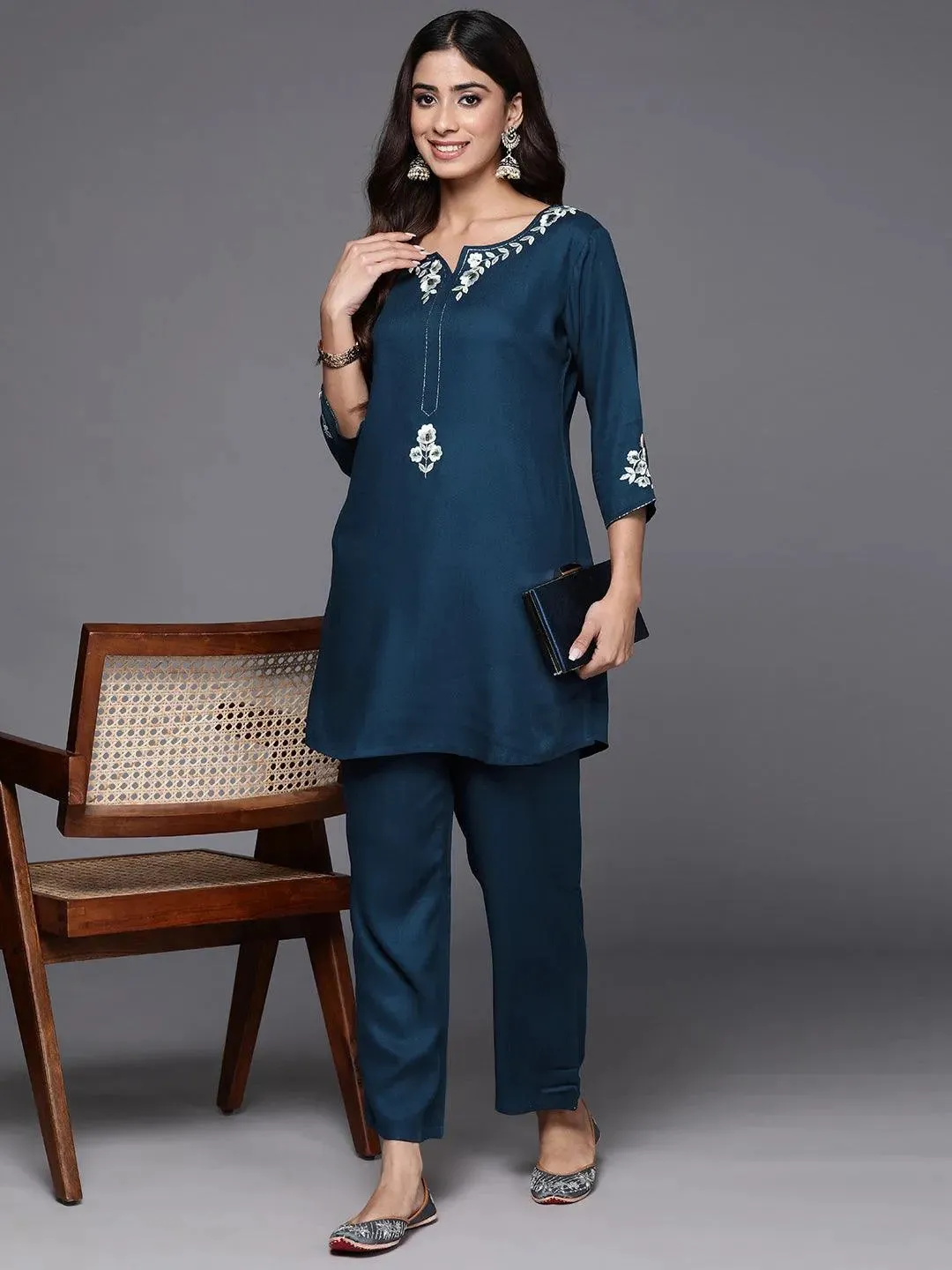 Teal Self Design Wool Blend Co-Ords