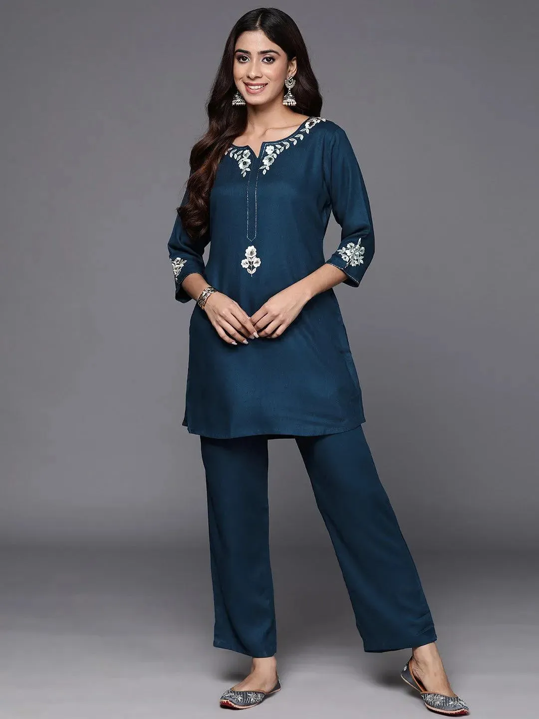 Teal Self Design Wool Blend Co-Ords