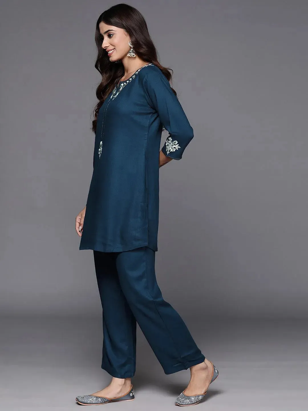Teal Self Design Wool Blend Co-Ords