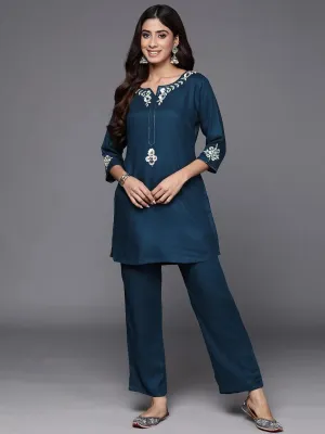 Teal Self Design Wool Blend Co-Ords