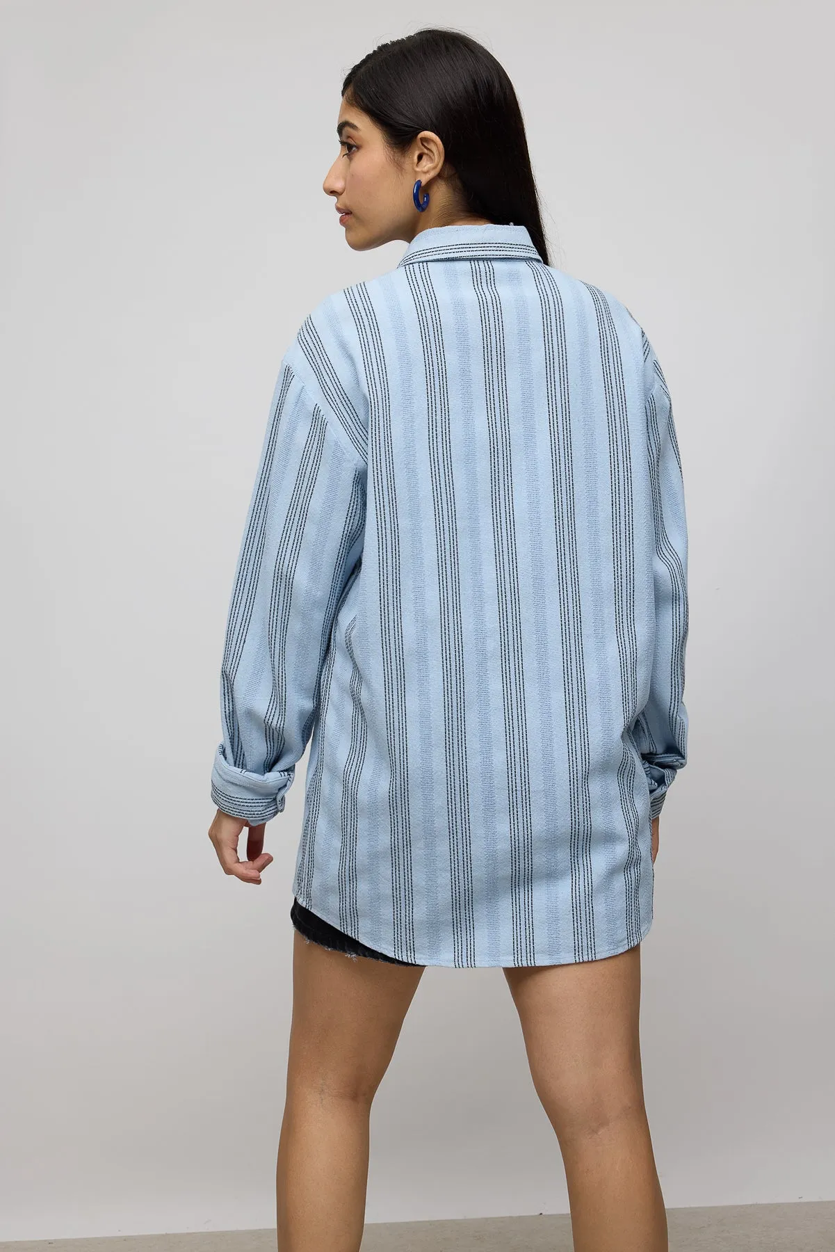 Textured Knit Full Sleeves Women's Shirt- Blue/Black Stripes
