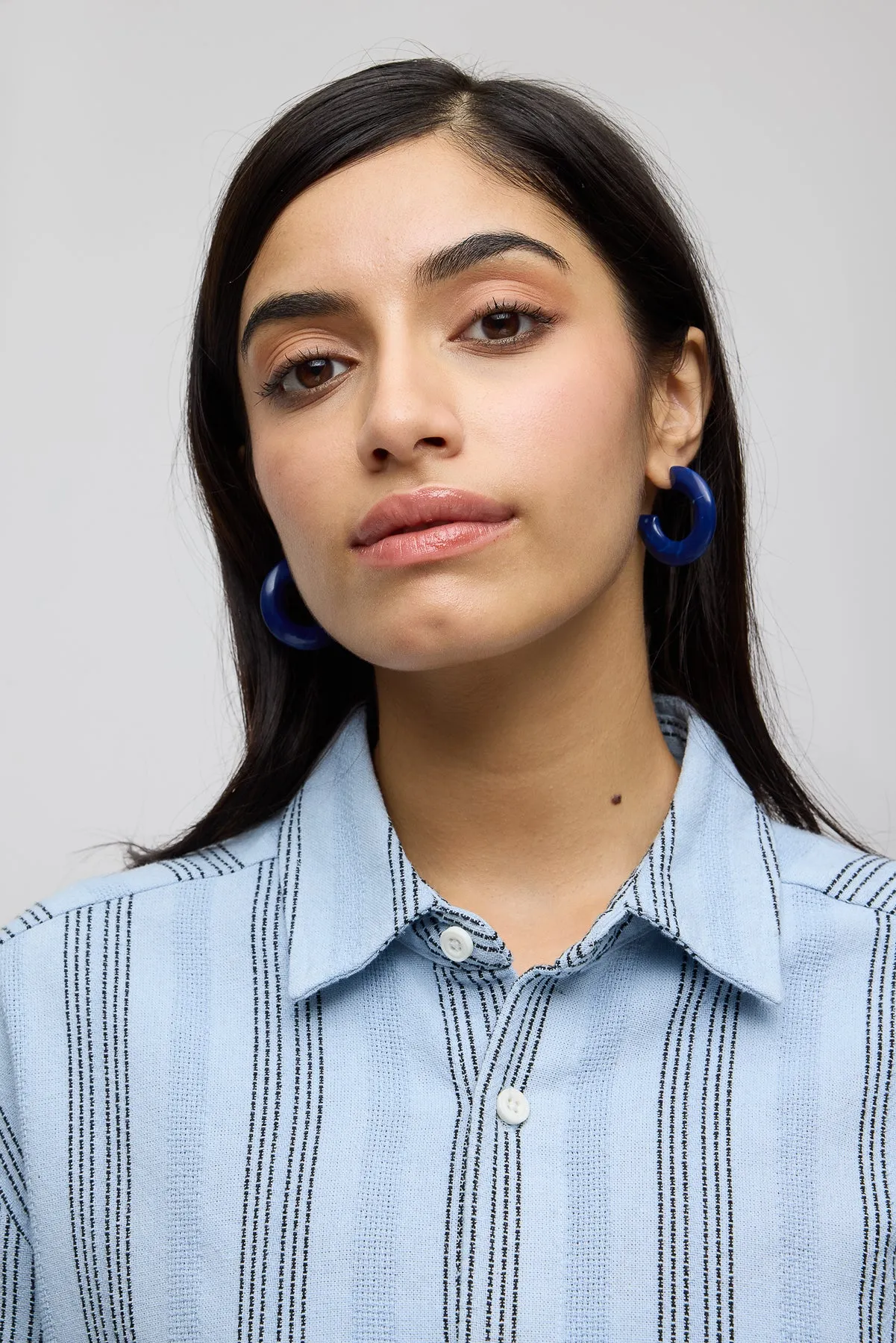 Textured Knit Full Sleeves Women's Shirt- Blue/Black Stripes