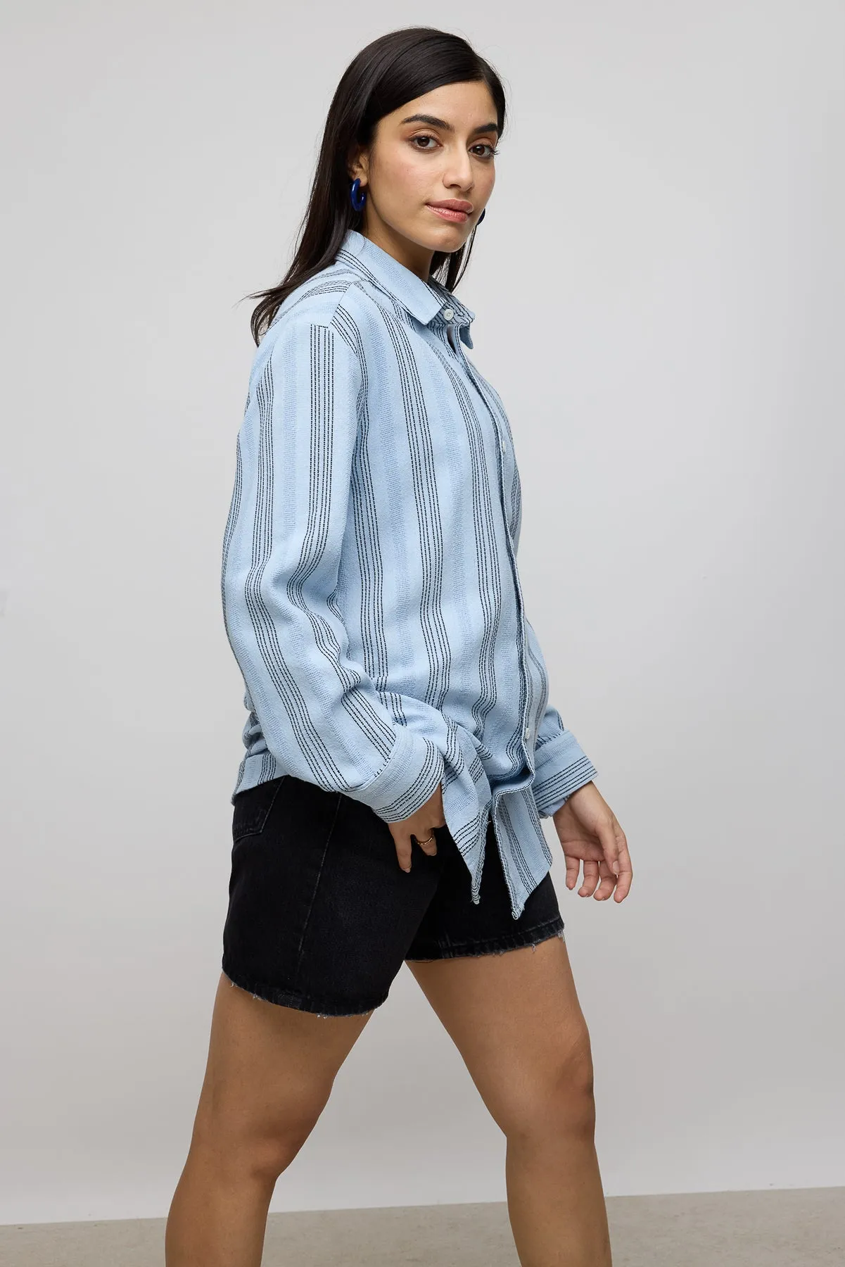 Textured Knit Full Sleeves Women's Shirt- Blue/Black Stripes