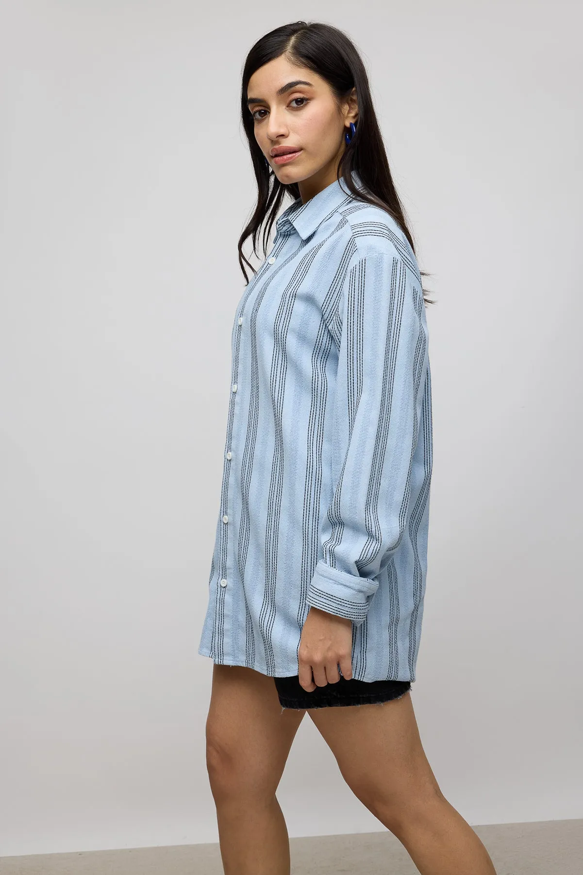 Textured Knit Full Sleeves Women's Shirt- Blue/Black Stripes