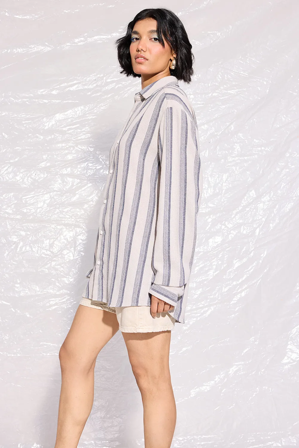 Textured Knit Full Sleeves Women's Shirt-Grey/Blue Stripes