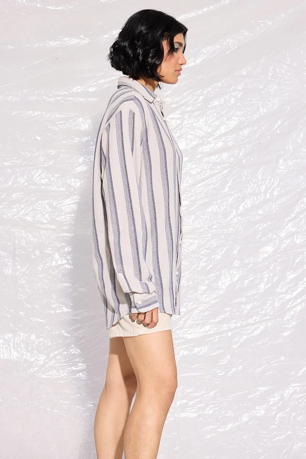 Textured Knit Full Sleeves Women's Shirt-Grey/Blue Stripes