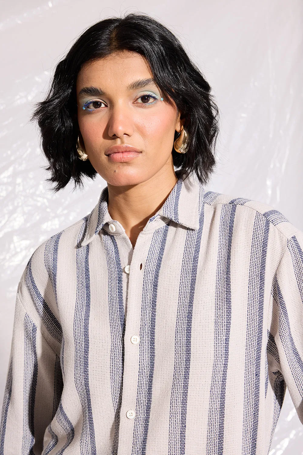 Textured Knit Full Sleeves Women's Shirt-Grey/Blue Stripes