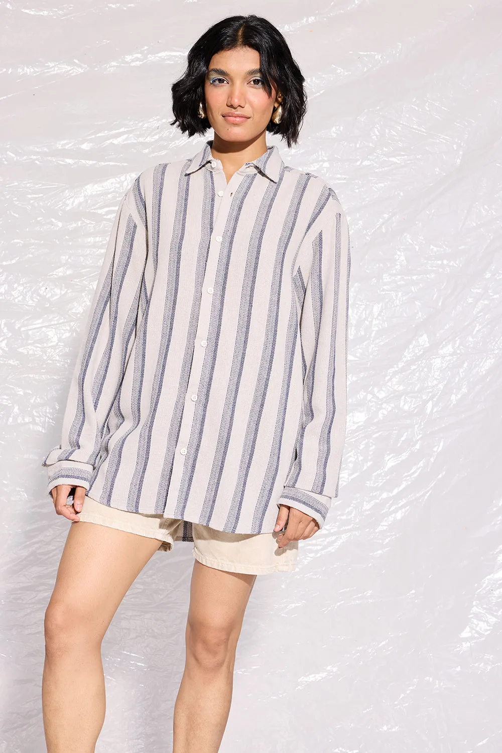 Textured Knit Full Sleeves Women's Shirt-Grey/Blue Stripes