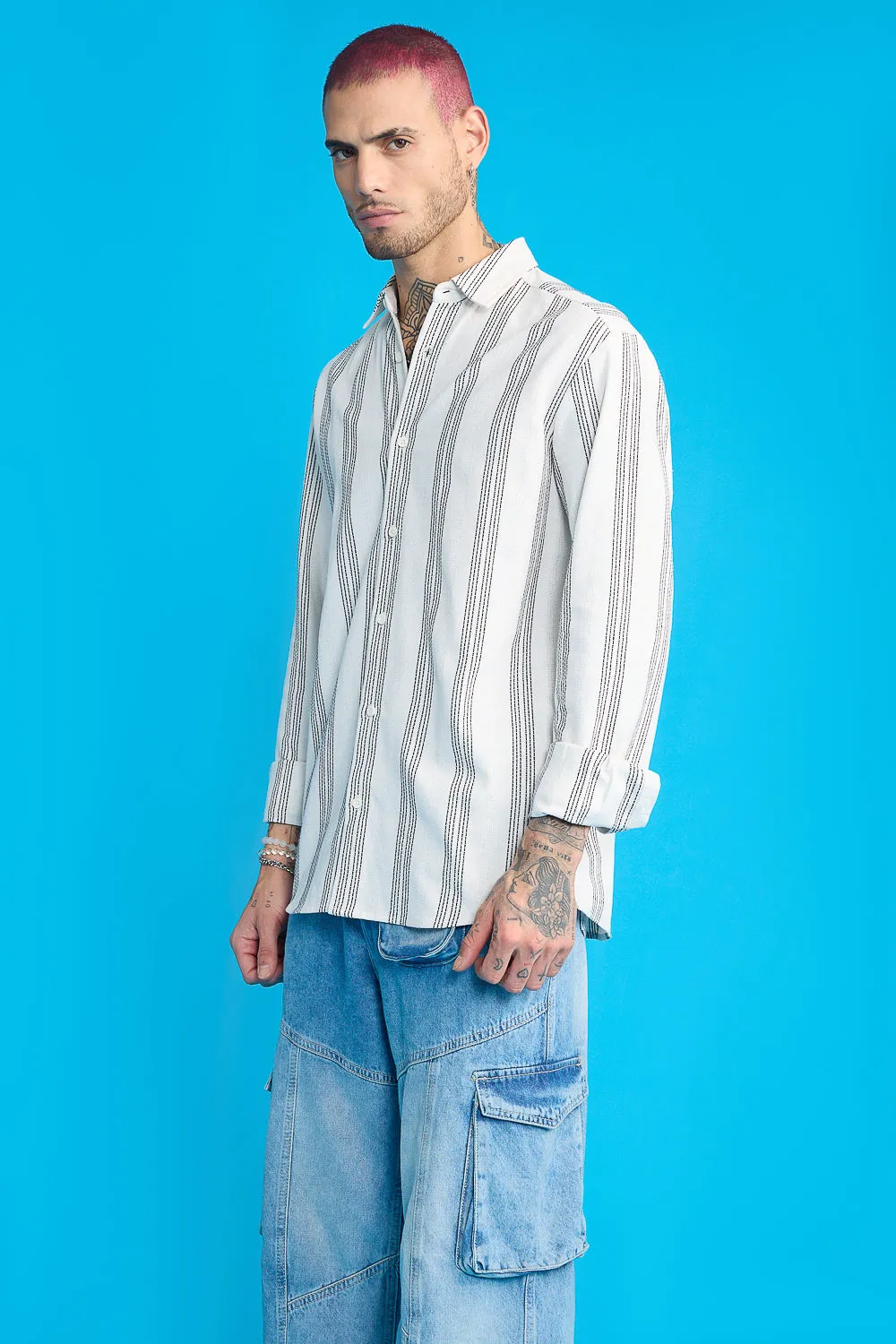 Textured Knit Men's Full Sleeves Shirt- White/Black Thick Stripes