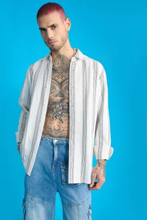 Textured Knit Men's Full Sleeves Shirt- White/Black Thick Stripes