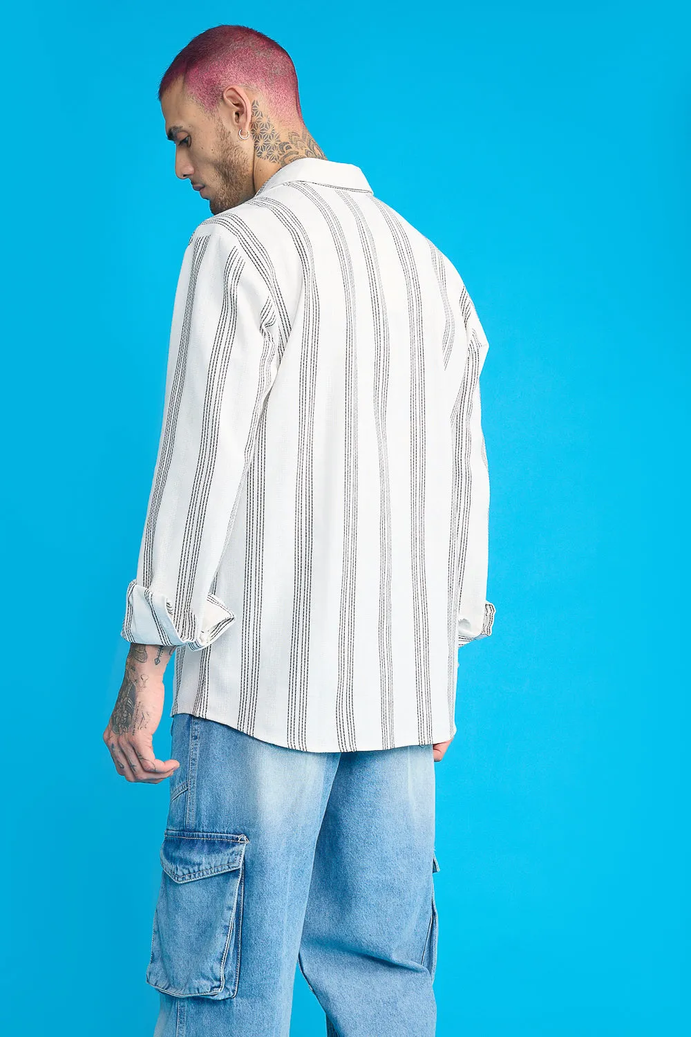 Textured Knit Men's Full Sleeves Shirt- White/Black Thick Stripes
