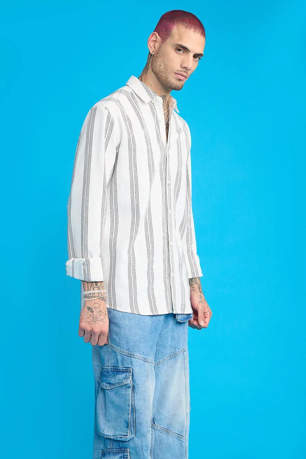 Textured Knit Men's Full Sleeves Shirt- White/Black Thick Stripes