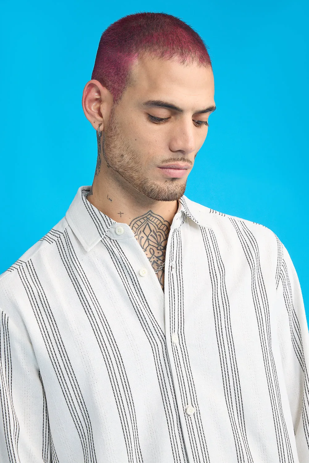 Textured Knit Men's Full Sleeves Shirt- White/Black Thick Stripes
