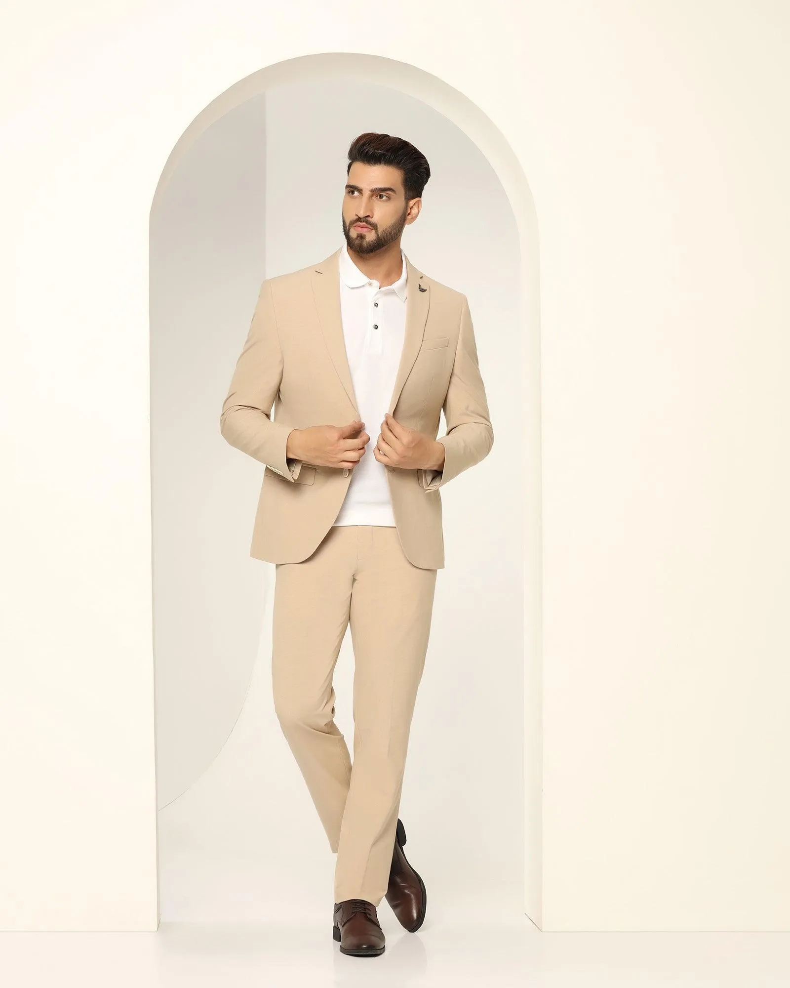Two Piece Beige Textured Formal Suit - Games