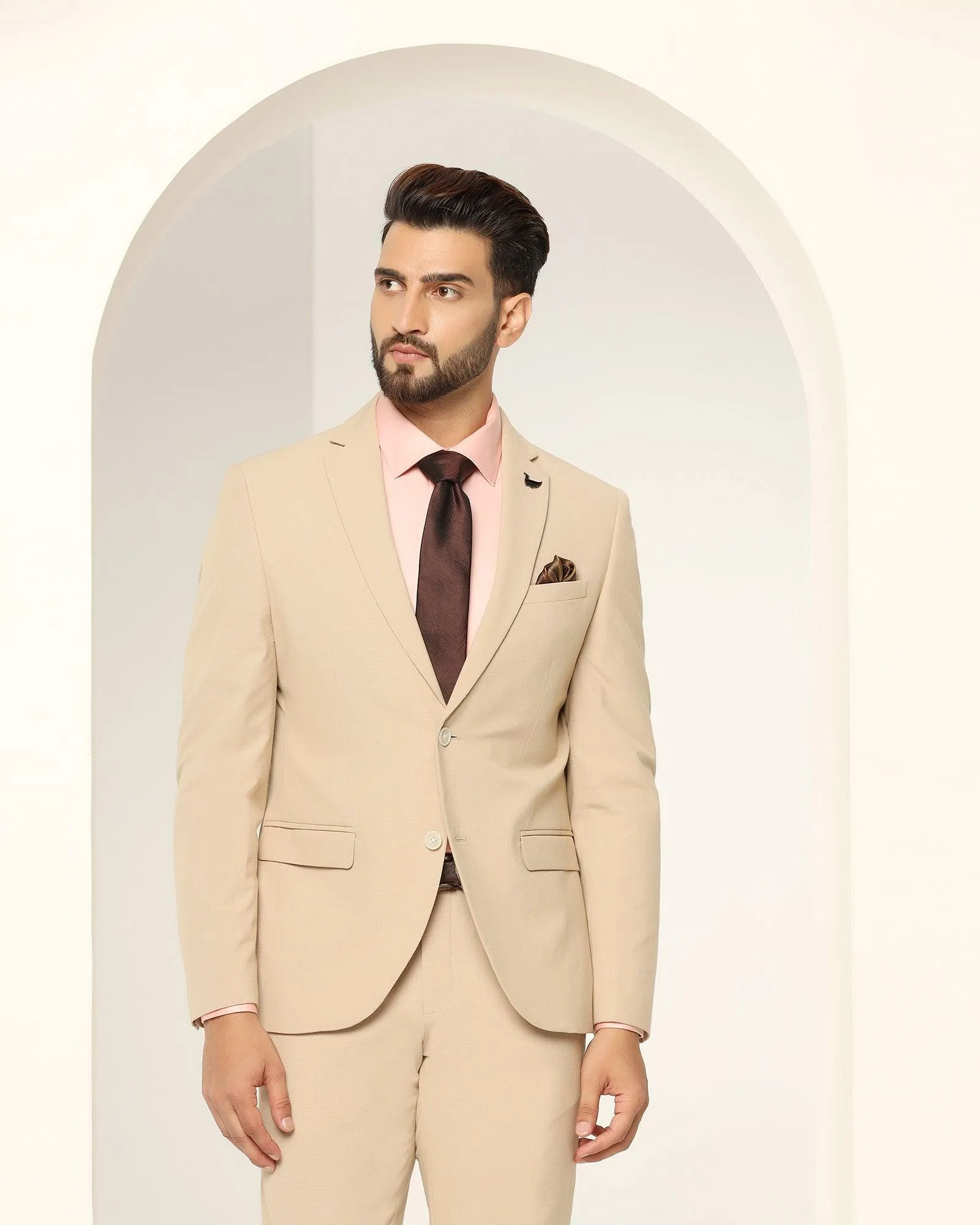 Two Piece Beige Textured Formal Suit - Games