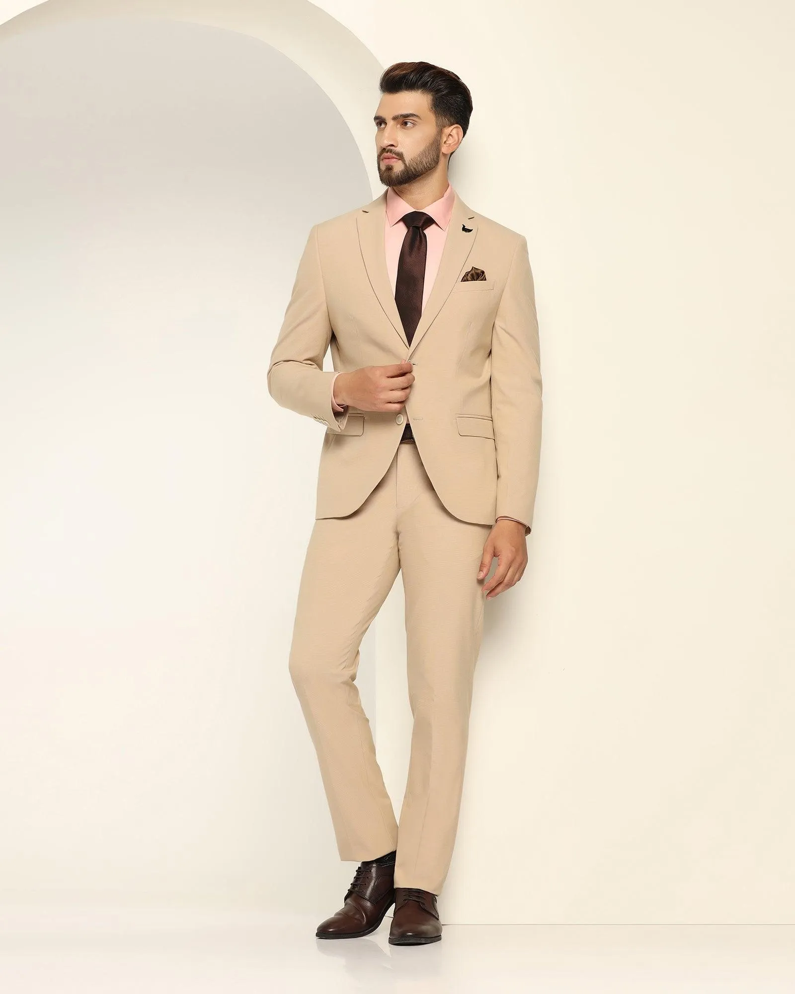 Two Piece Beige Textured Formal Suit - Games