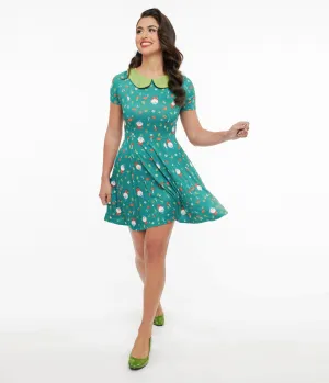 Unique Vintage 1950s Green Gnome Print Fit & Flare Dress