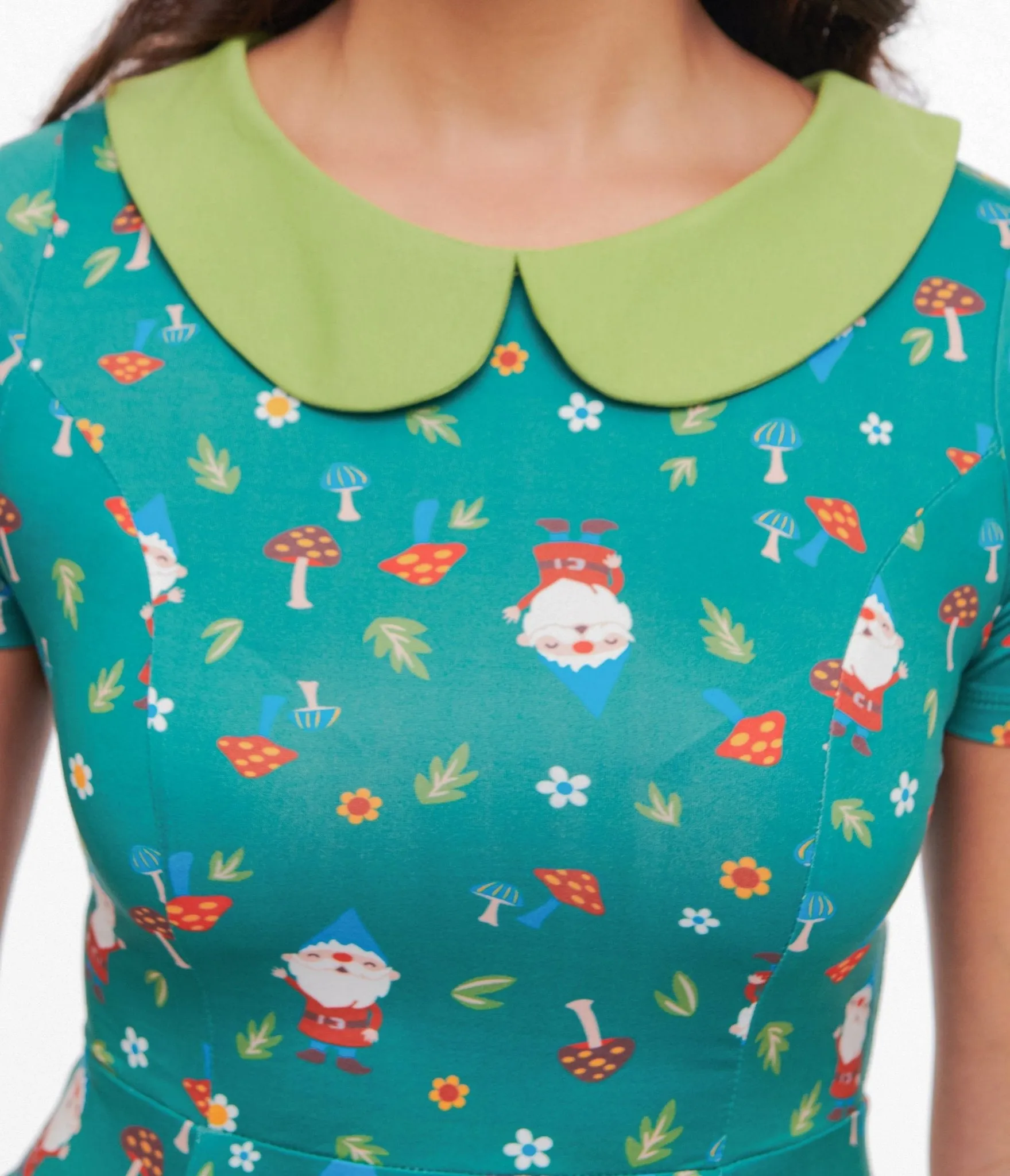 Unique Vintage 1950s Green Gnome Print Fit & Flare Dress