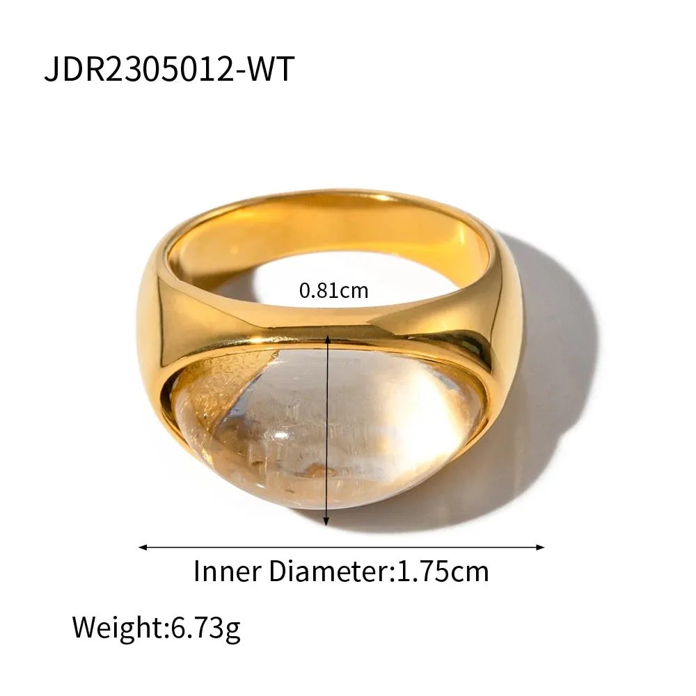 VAIGE Stainless Steel & Clear Resin Geometric Long Flat Close Ring in Gold - Trendy Fashion Jewelry