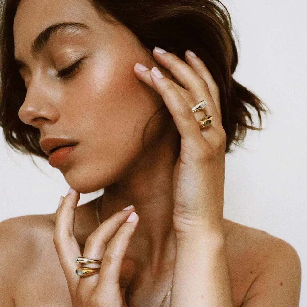 VAIGE Stainless Steel & Clear Resin Geometric Long Flat Close Ring in Gold - Trendy Fashion Jewelry
