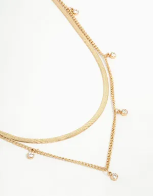 Waterproof Gold Plated Stainless Steel Cubic Zirconia Snake & Charm Layered Necklace