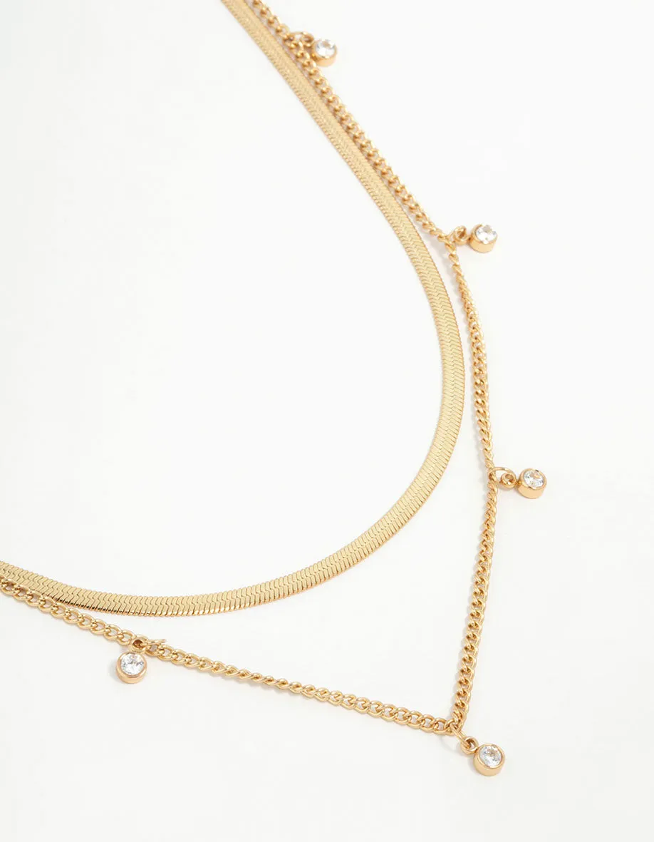 Waterproof Gold Plated Stainless Steel Cubic Zirconia Snake & Charm Layered Necklace