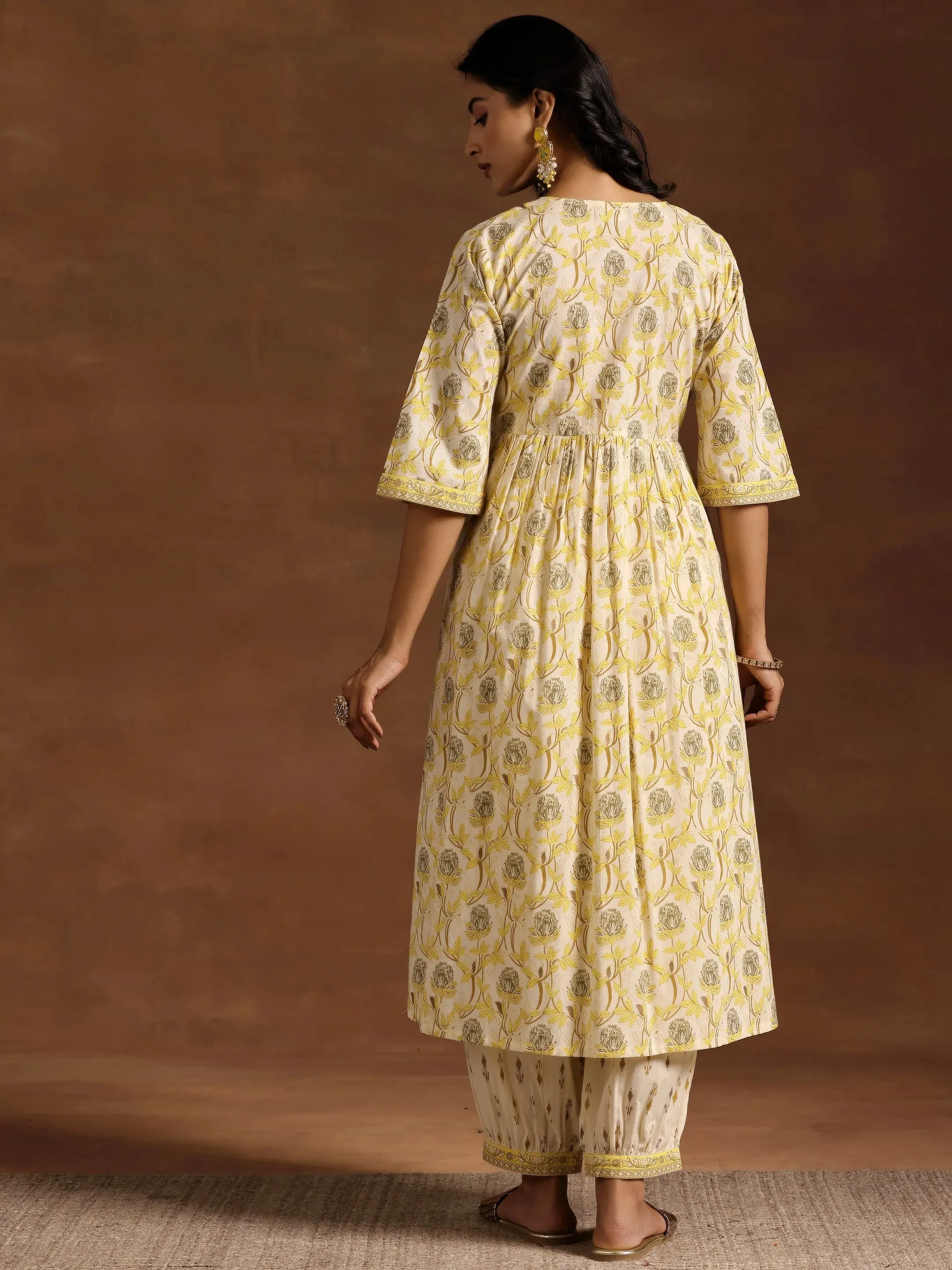 Yellow Printed Cotton A-Line Kurta With Salwar