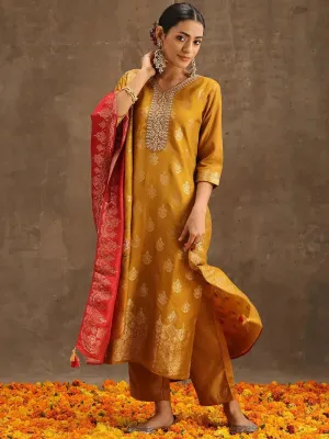Yellow Self Design Silk Straight Kurta With Trousers & Dupatta