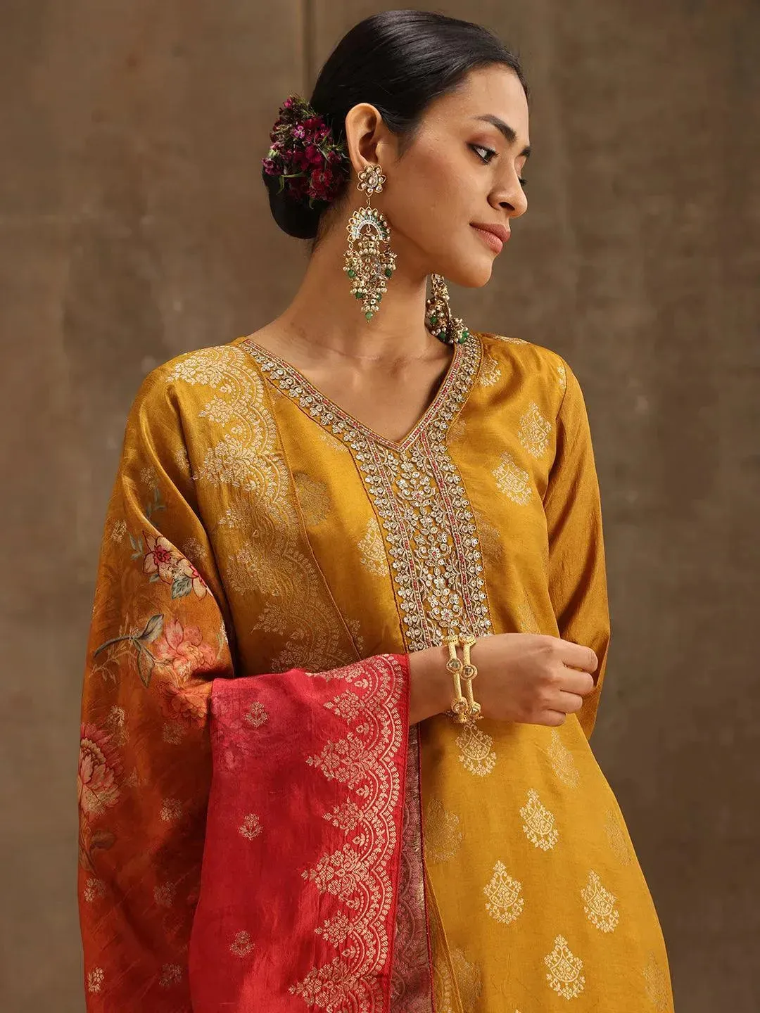 Yellow Self Design Silk Straight Kurta With Trousers & Dupatta