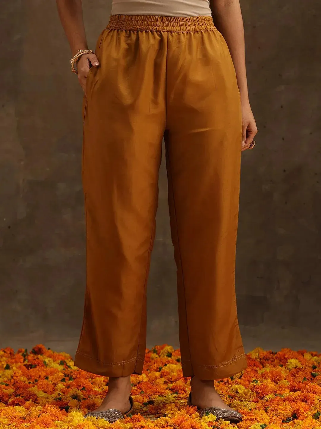 Yellow Self Design Silk Straight Kurta With Trousers & Dupatta