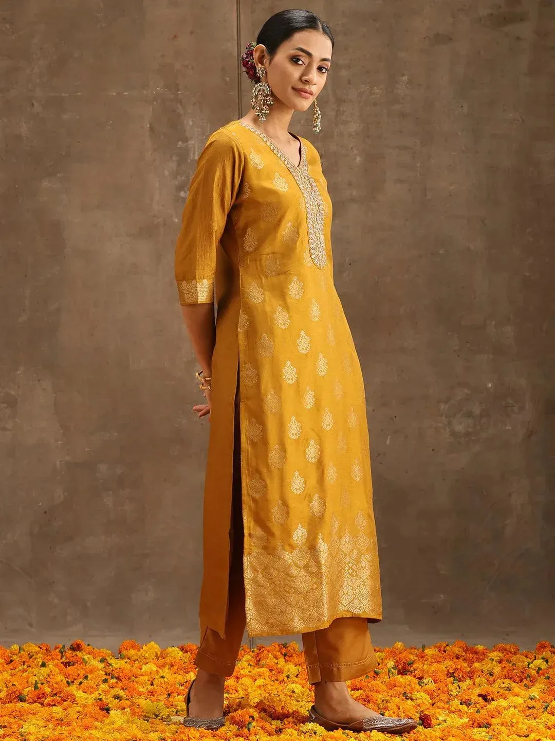 Yellow Self Design Silk Straight Kurta With Trousers & Dupatta