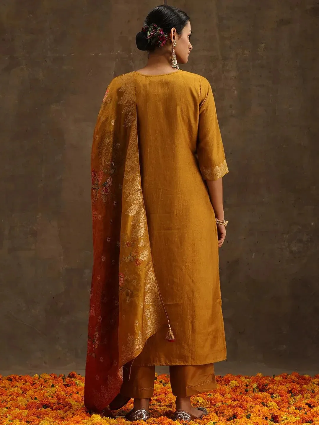 Yellow Self Design Silk Straight Kurta With Trousers & Dupatta