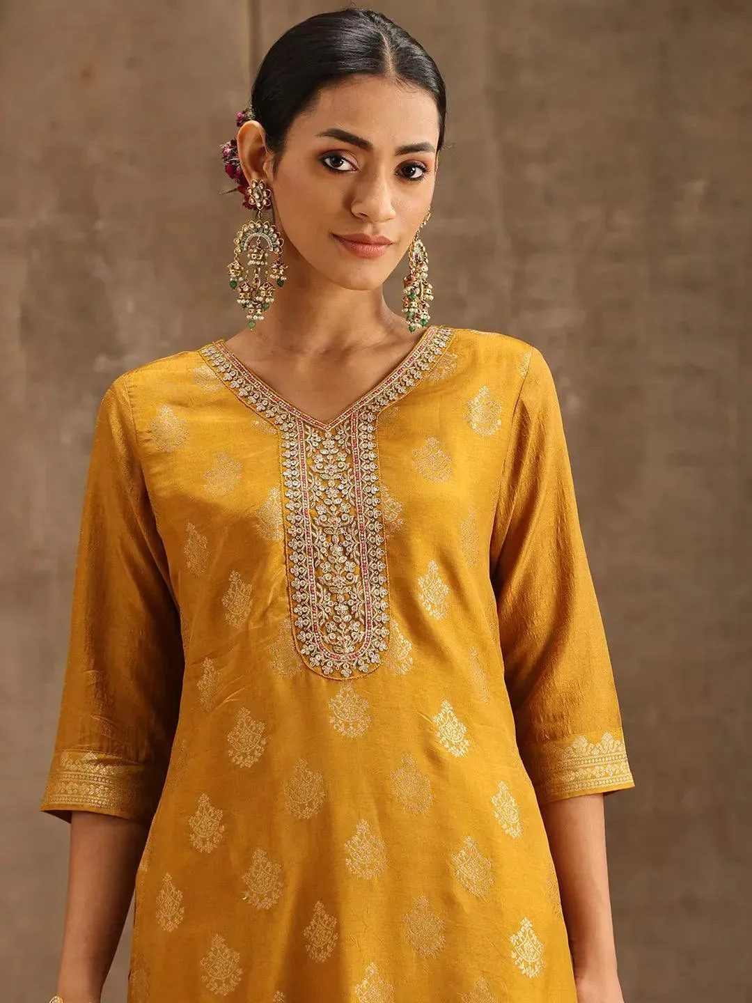 Yellow Self Design Silk Straight Kurta With Trousers & Dupatta