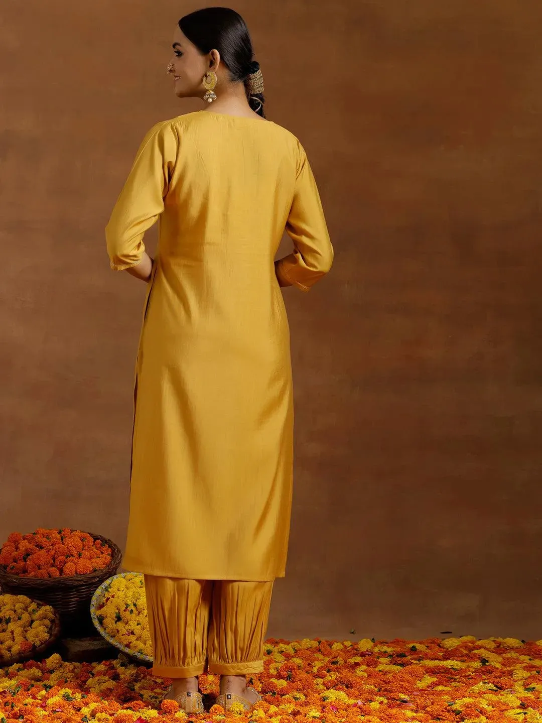 Yellow Yoke Design Silk Blend Straight Kurta Set